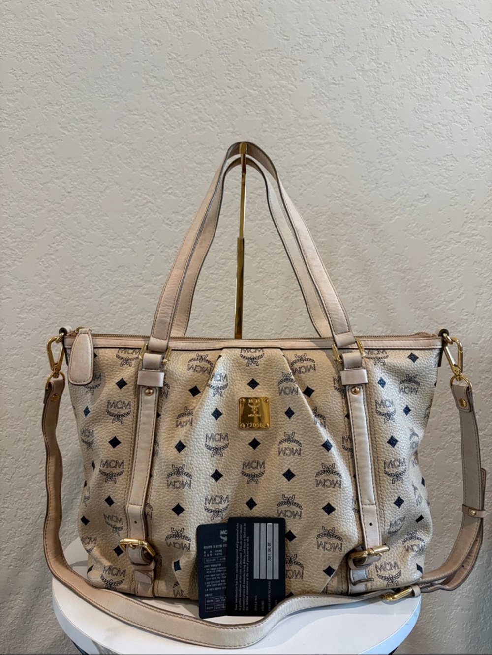 MCM Beige Monogram Canvas Crossbody Tote with Gold Hardware